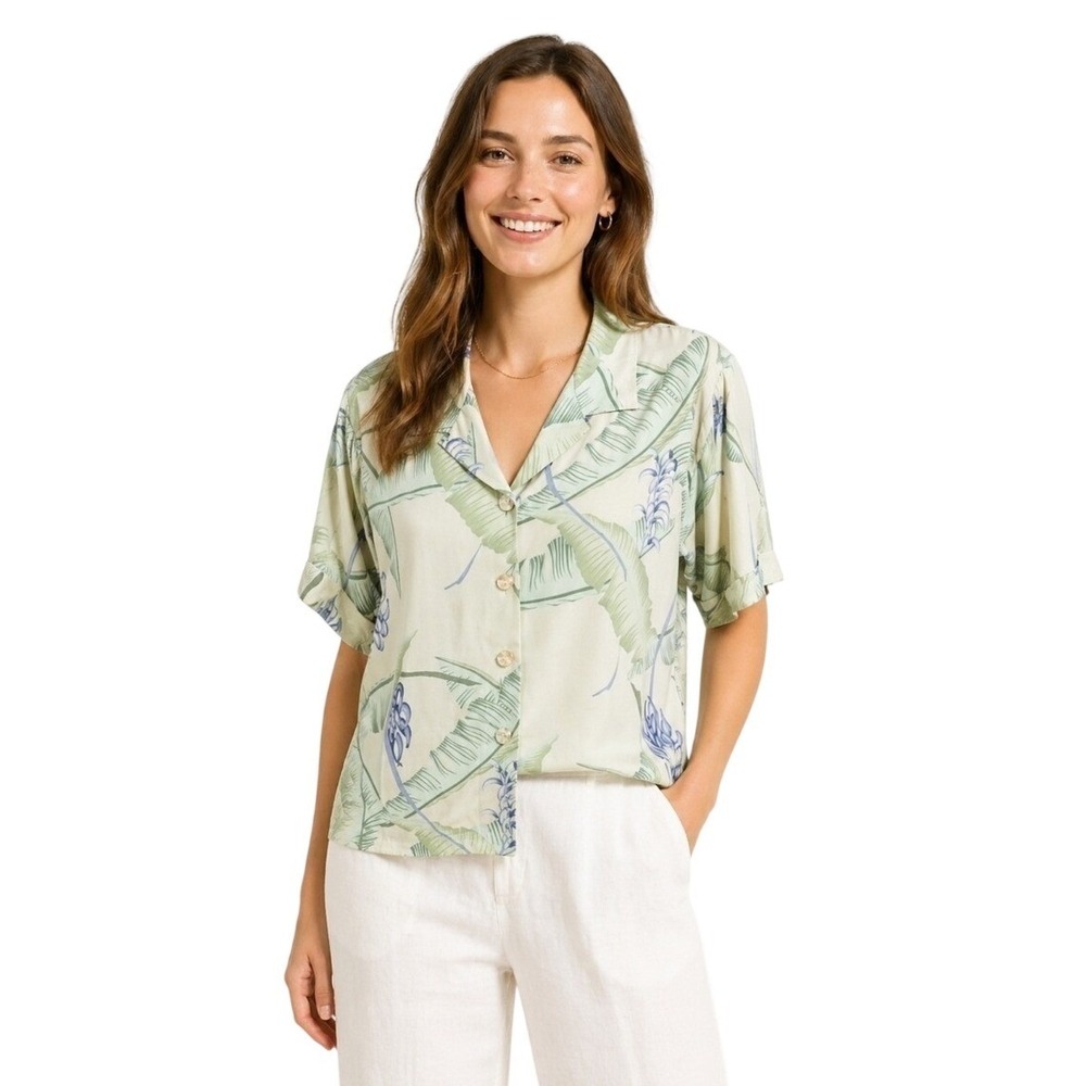 Tommy Bahama Women's L 100% Silk Sage Green Floral Tropical Camp Shirt Aloha